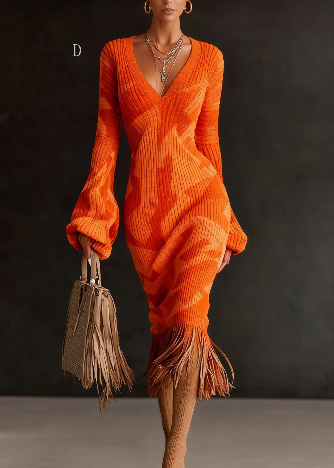 V Neck Tassel Patchwork Knitted Sweaters Dress Winter