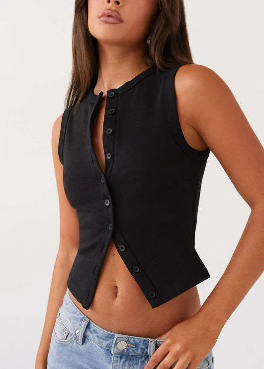 French Grey O Neck Button Knit Vest Top Sleeveless