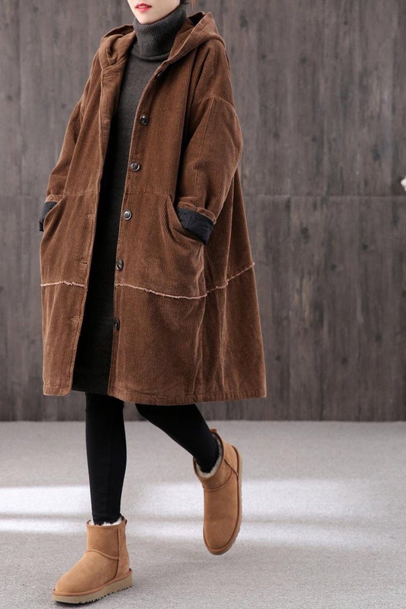 Winter Long Retro Corduroy Hooded Coat
