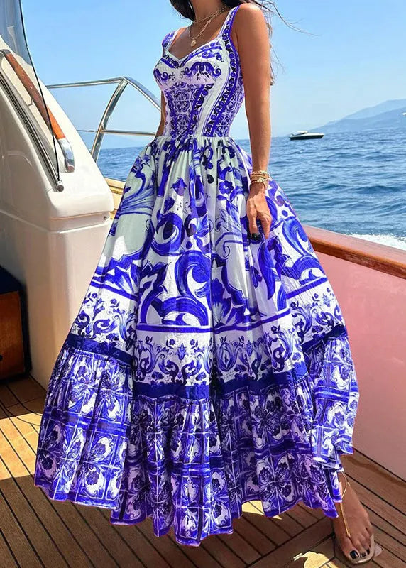 Rose Print Wrinkled Cotton Spaghetti Strap Dress Summer