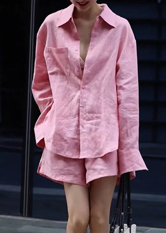 Modern Pink Button Shirts and Shorts Two Pieces Set Fall