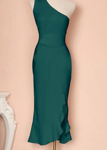 Boutique Green One Shoulder Ruffled Cotton Dresses Summer