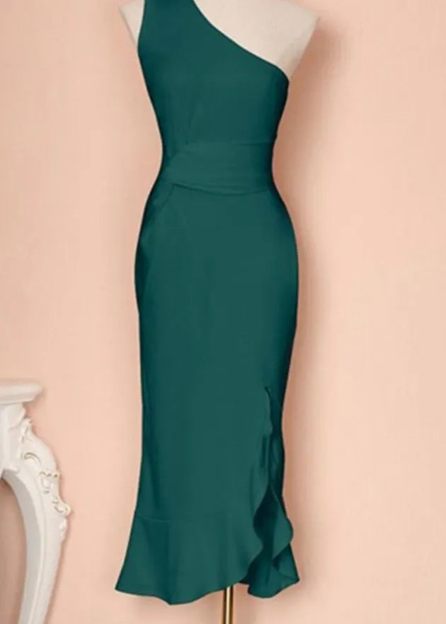Boutique Green One Shoulder Ruffled Cotton Dresses Summer