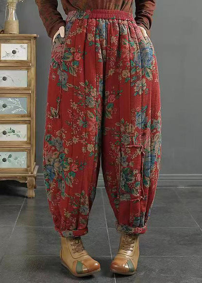 Red Pockets Print Elastic Waist Fine Cotton Filled Pants Winter