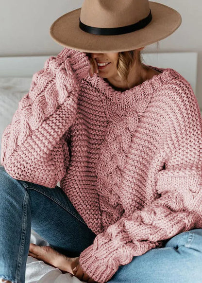 Beige V Neck Thick Cable Knit Sweaters Fall