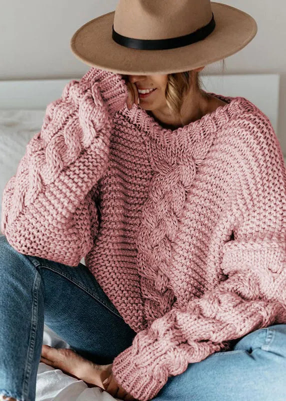 Beige V Neck Thick Cable Knit Sweaters Fall