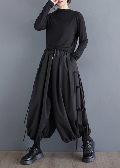 Black Tasseled Oversized Cotton Harem Pants Spring