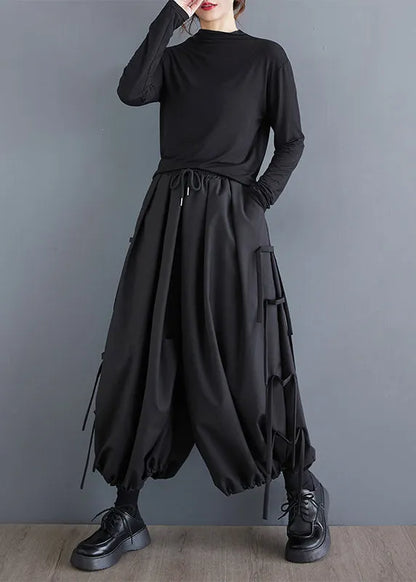 Black Tasseled Oversized Cotton Harem Pants Spring