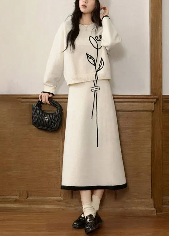 Stylish Beige O Neck Sweaters and Skirts Knit Two Pieces Set Winter