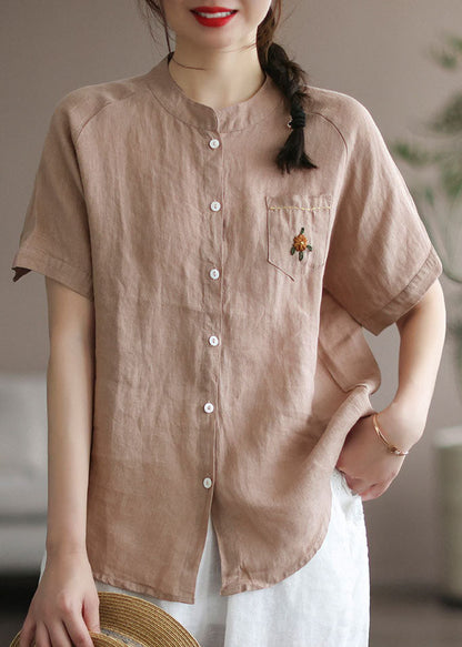 Khaki Loose Linen Shirt Top Embroidered Button Short Sleeve