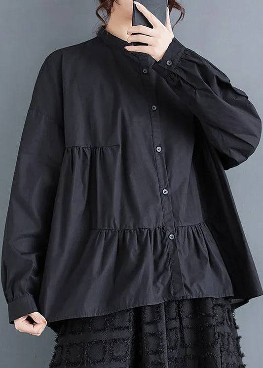 Black Patchwork Cotton Top Stand Collar Button Spring