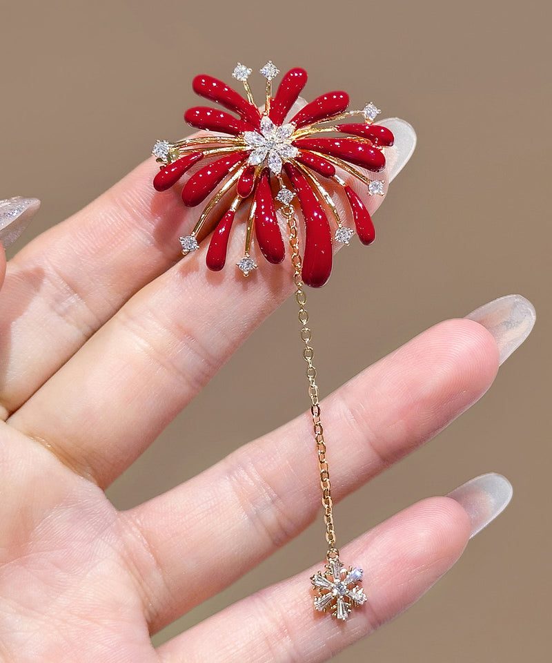 New Year Red Copper Overgild Zircon Fireworks Tassel Hairpin