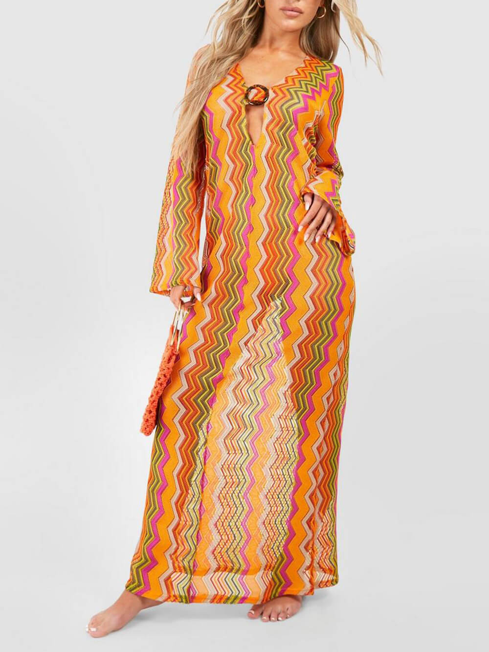 Soda Orange Stripe Print O-ring Long Sleeve Beach Maxi Dress