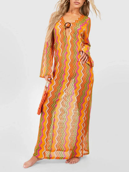 Soda Orange Stripe Print O-ring Long Sleeve Beach Maxi Dress