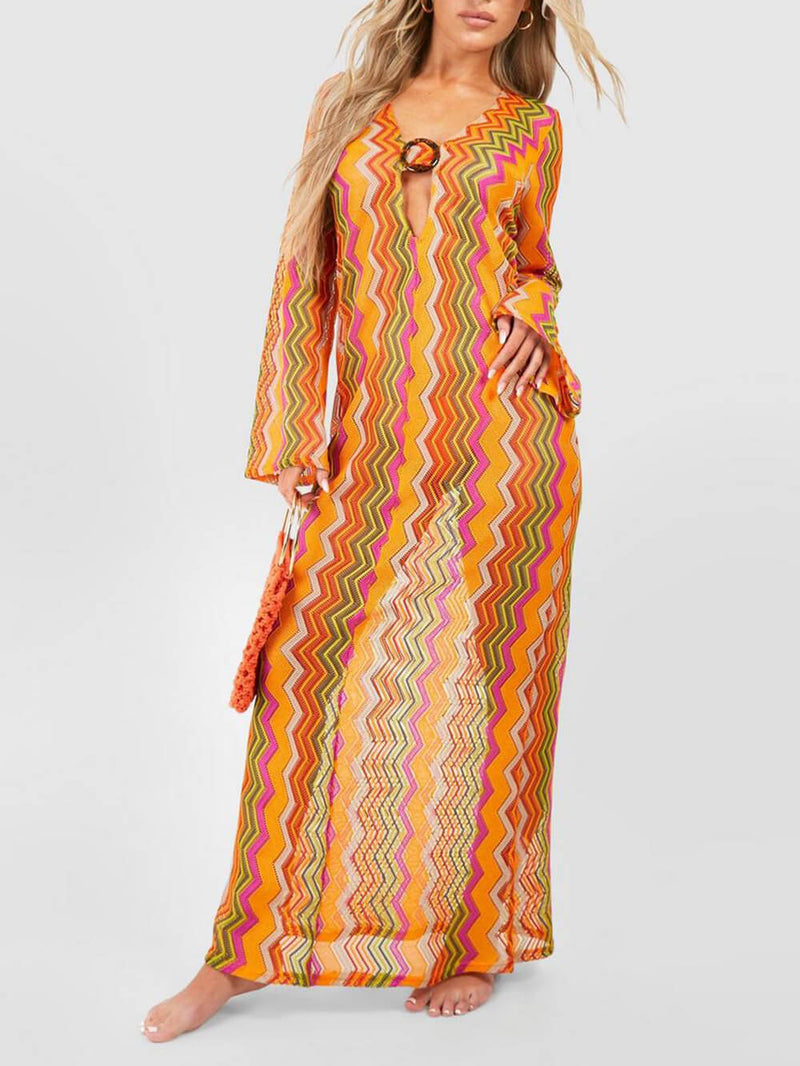 Soda Orange Stripe Print O-ring Long Sleeve Beach Maxi Dress
