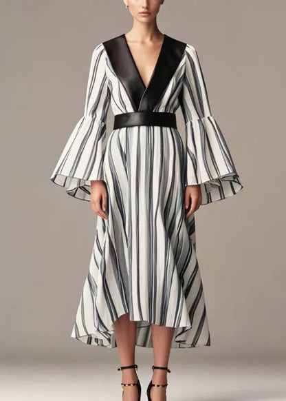 Black Striped Patchwork Cotton Cinched Dresses Flare Sleeve