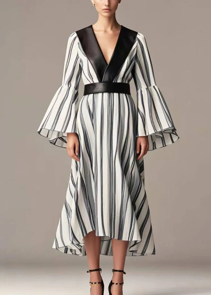 Black Striped Patchwork Cotton Cinched Dresses Flare Sleeve