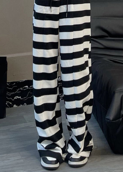 Italian Black White Striped High Waist Drawstring Straight Pants Spring