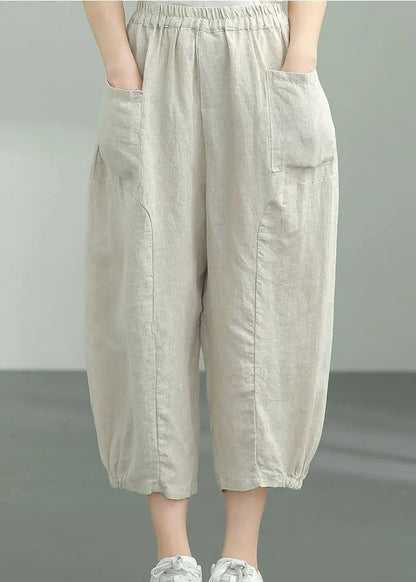 Beige Pockets Patchwork Linen Lantern Pants Summer