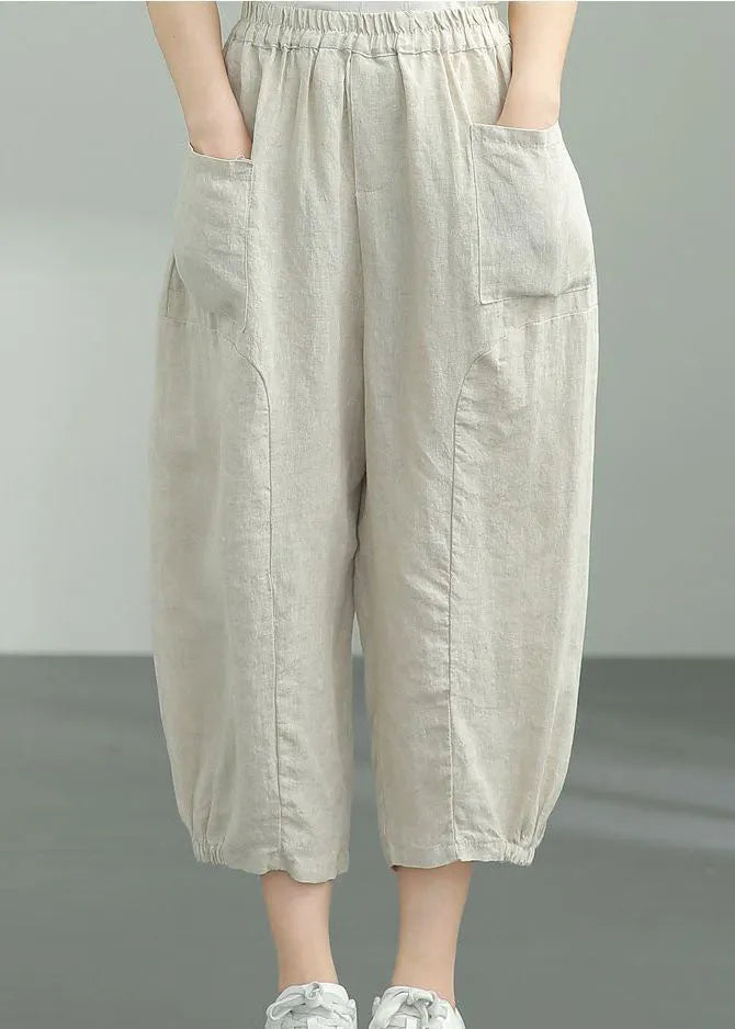 Beige Pockets Patchwork Linen Lantern Pants Summer