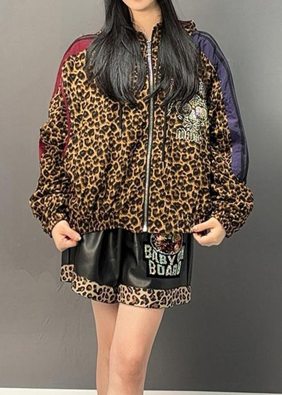 Leopard Patchwork Zippered Hoodies Coats Spring