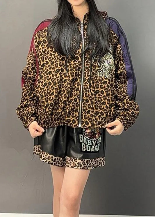 Leopard Patchwork Zippered Hoodies Coats Spring
