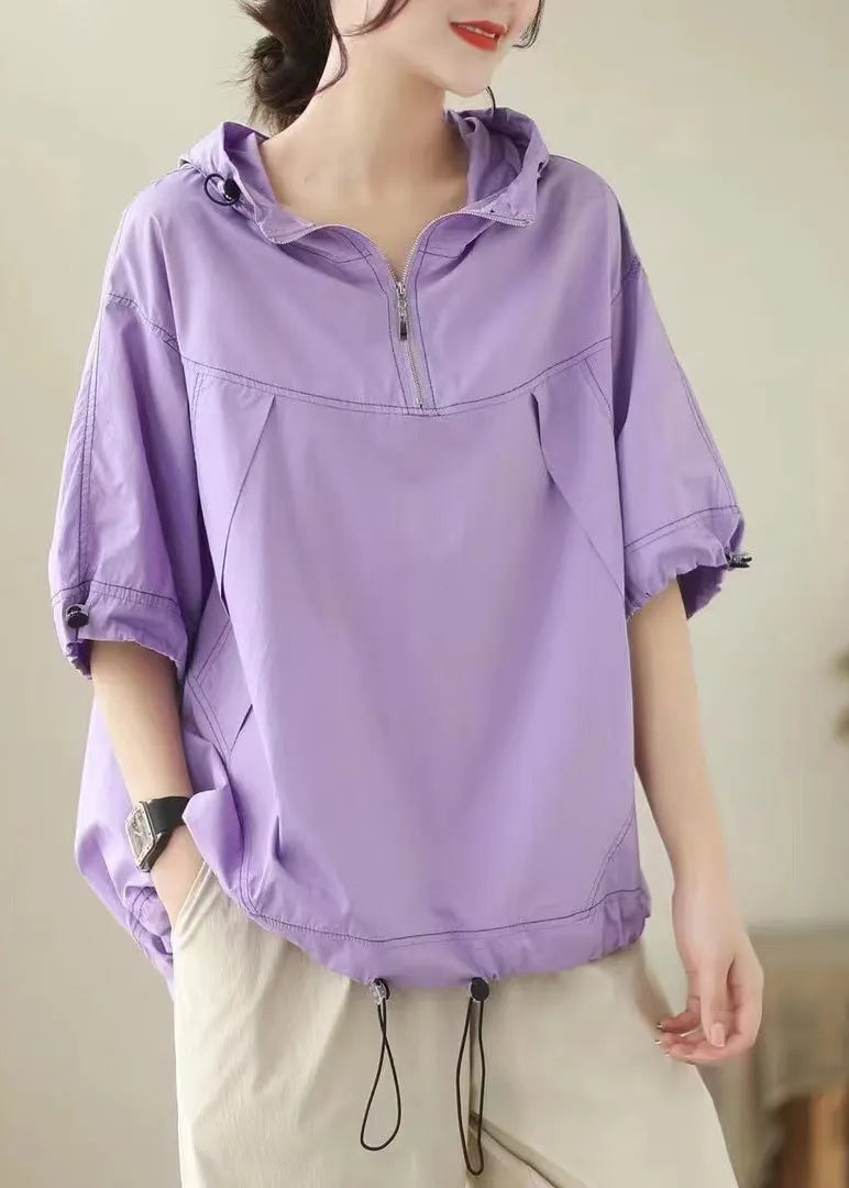 Purple Patchwork Cotton Hooded Top Short Sleeve