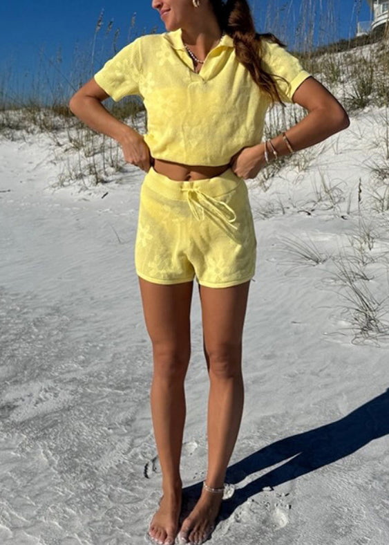 Yellow Cut Out Knit Clitoris Swimsuit Cover Set