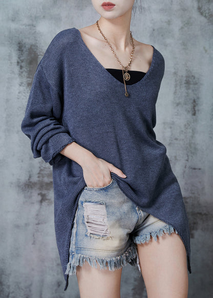 Grey V Neck Asymmetrical Design Knit Sweaters Fall