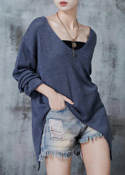 Grey V Neck Asymmetrical Design Knit Sweaters Fall