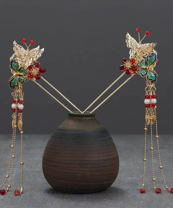 Chinese Style Copper Alloy Colored Glaze Butterfly Tassel a Pair Hairpin
