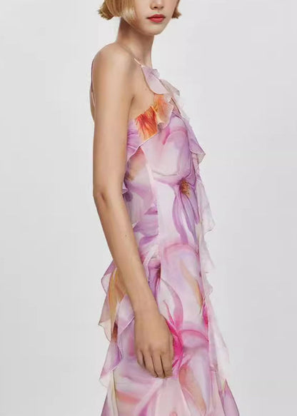Stylish Light Purple Ruffled Print Cotton Spaghetti Strap Dress Summer