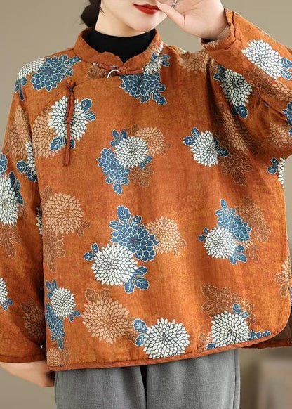 Orange Stand Collar Print Fine Cotton Filled Top Spring