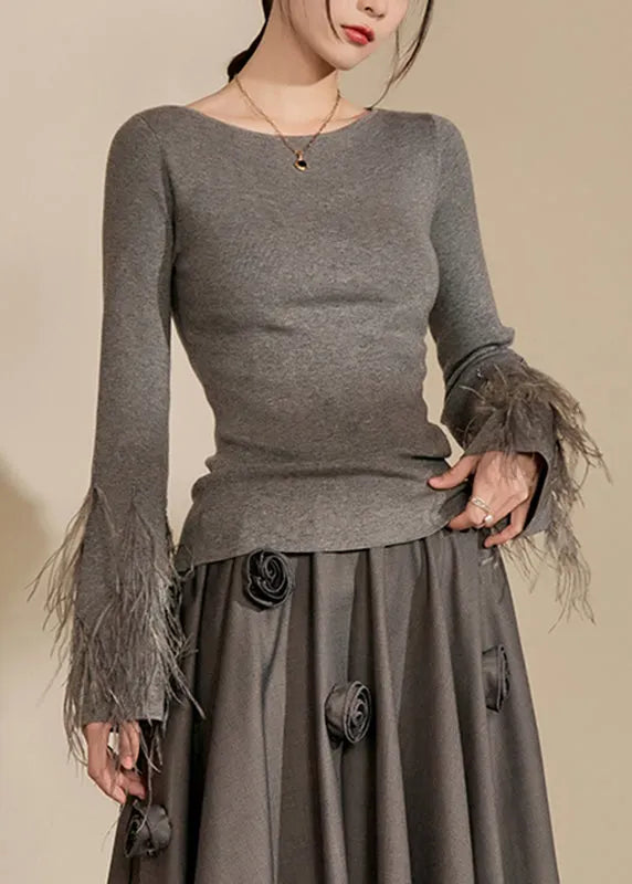 Fitted Grey O-neck Tassel Cotton Knit Sweaters Fall