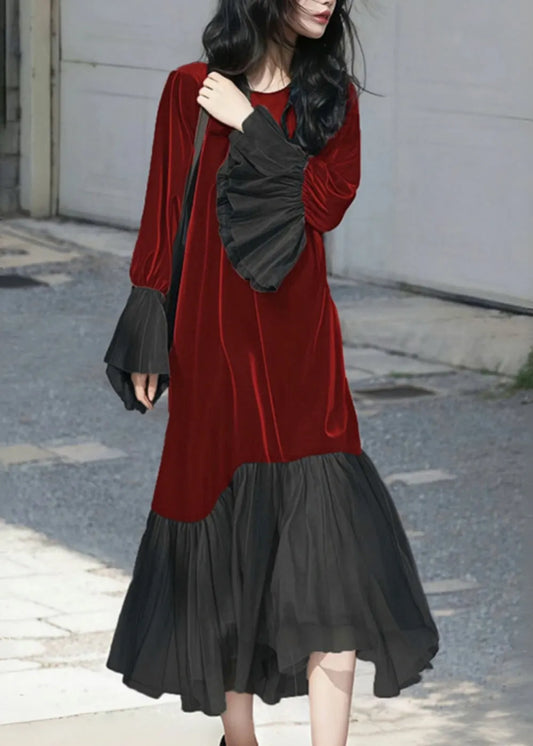 French Red O-neck Patchwork Silk Velvet Long Dress Flare Sleeve