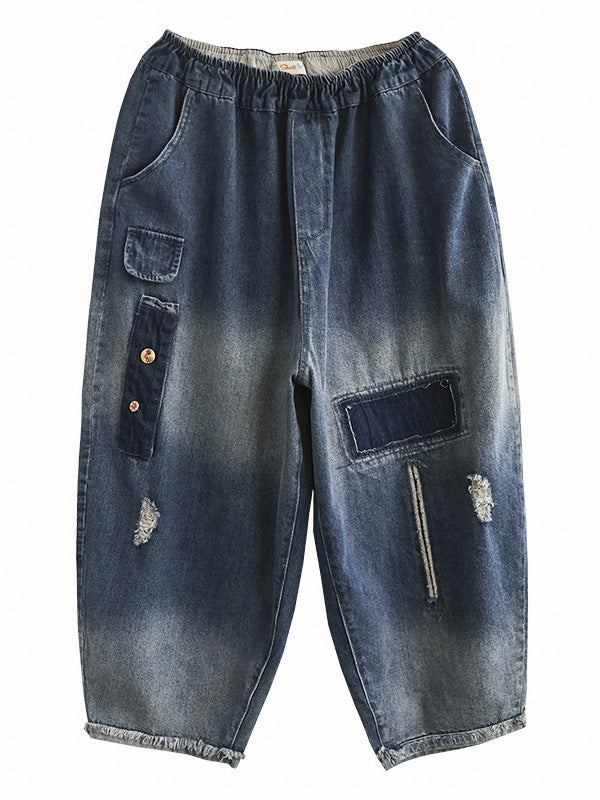 Hollow Elasticity Applique Denim Ninth Pants