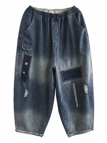Hollow Elasticity Applique Denim Ninth Pants