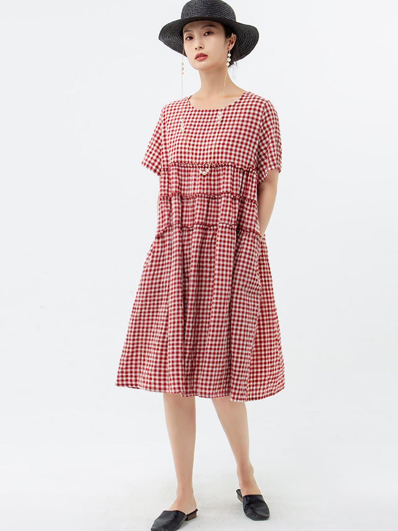 100%cotton Short Sleeve Plaid Dress