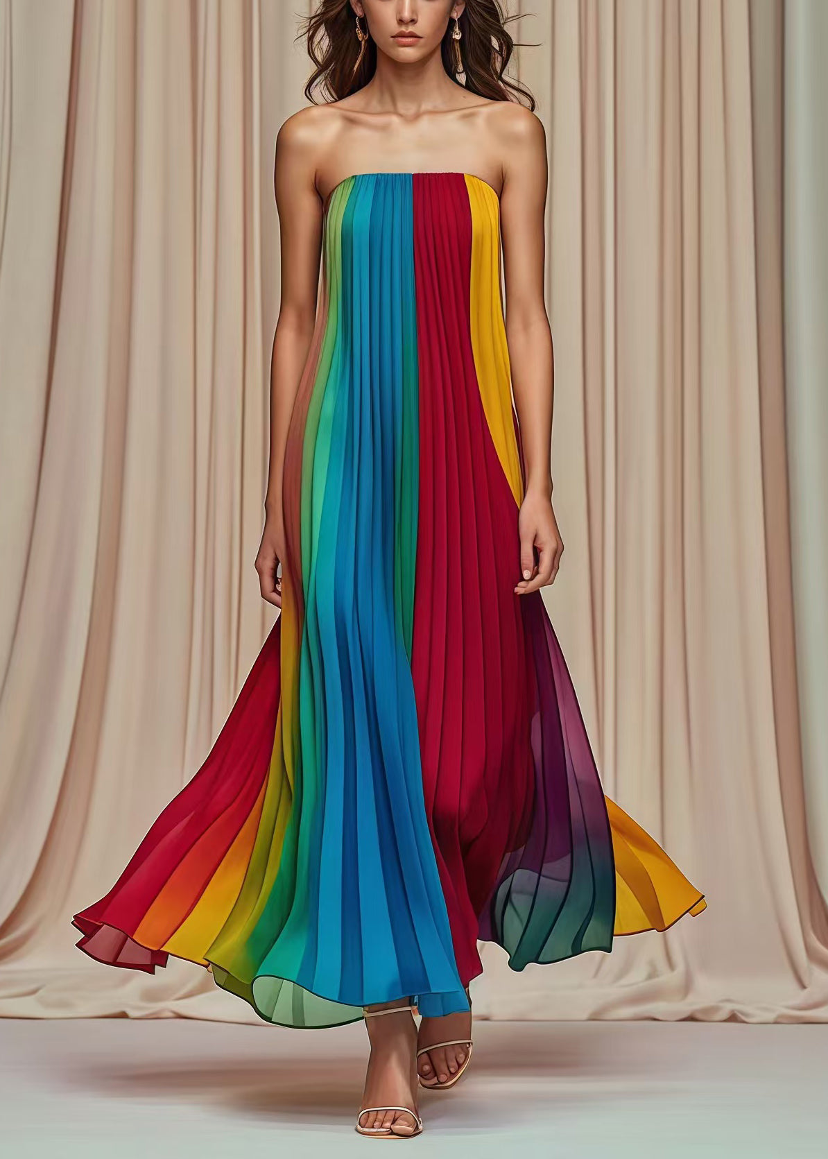 Multicolor Cold Shoulder Wrinkled Chiffon Strapless Dress Summer