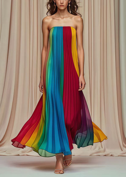 Multicolor Cold Shoulder Wrinkled Chiffon Strapless Dress Summer
