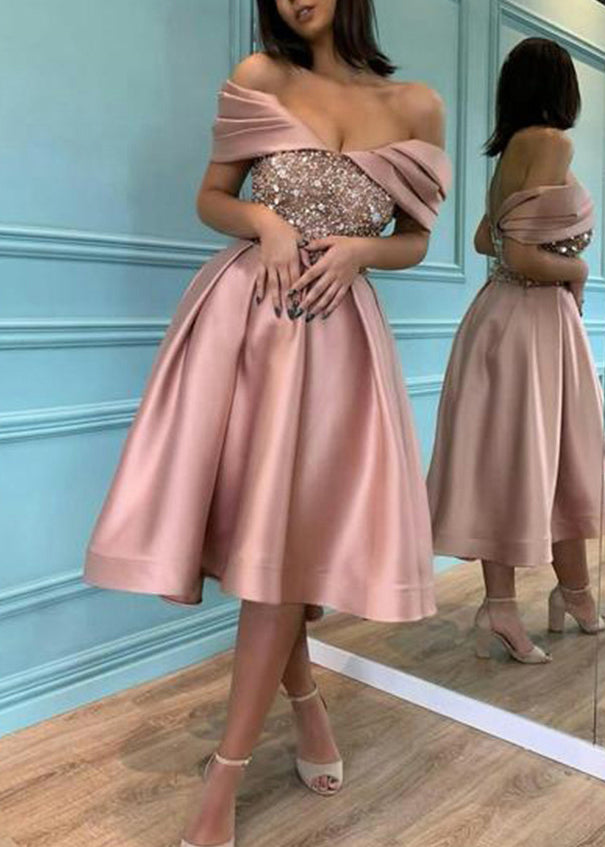 New Pink Cold Shoulder Sequins Silk Party Dress Fall