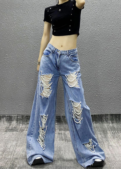 Blue Bead Decorated Pockets Ripped Denim Wide Leg Pants Fall