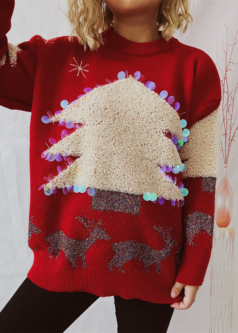 Stylish Red Christmas Tree Jacquard Sequins Thick Knit Sweaters Winter