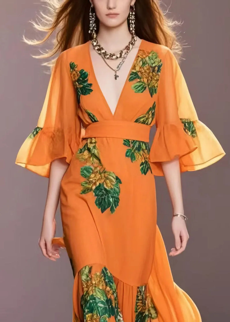 Boutique Orange Print Chiffon Robe Dresses Flare Sleeve