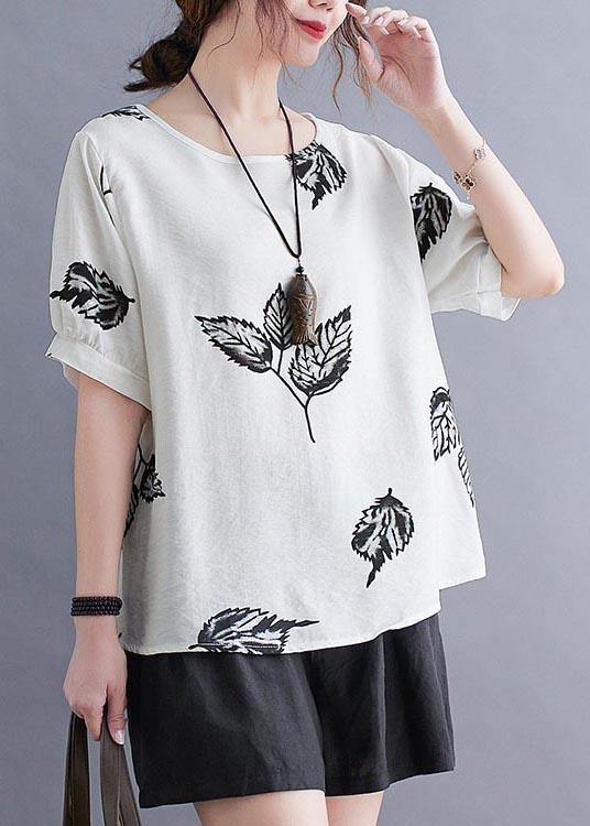 White Print Leaf Shirt Tops Summer Cotton Linen