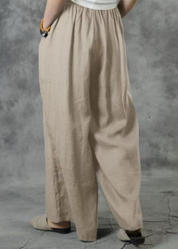Khaki Elastic Waist Pockets Wide Leg Pants Summer