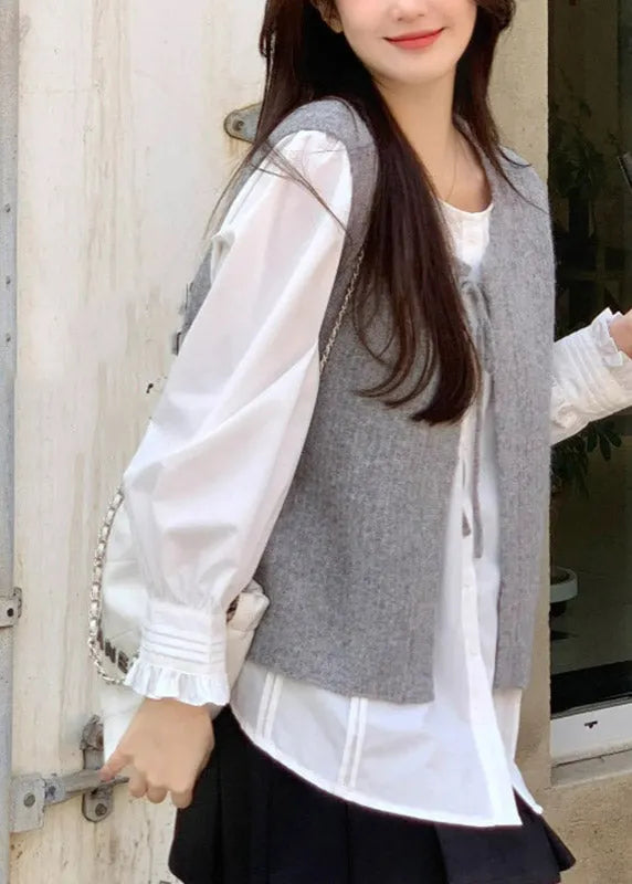 Style Grey O-neck Tie Lace Cotton Knit Waistcoat Sleeveless