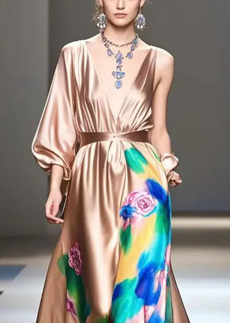 Brown Print Exra Large Hem Silk Long Dress Fall