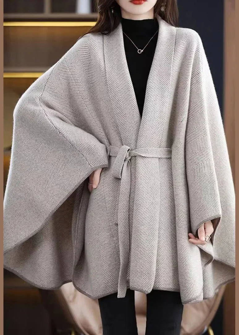 V Neck Tie Waist Patchwork Knit Loose Cardigans Cloak Sleeves