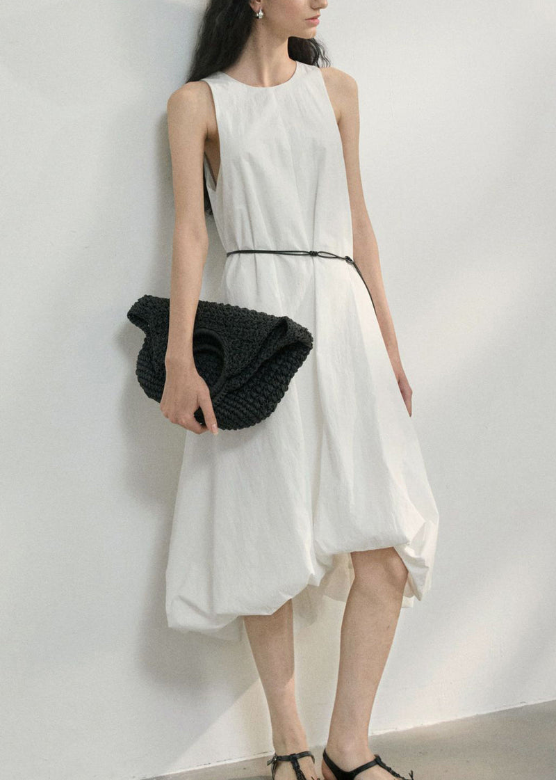 Italian Light Grey O Neck Asymmetrical Design Cotton Dress Sleeveless